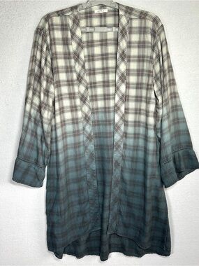 Maurices Open Front Cardigan M Gray Blue Ombre Plaid Duster Kimono Lightweight